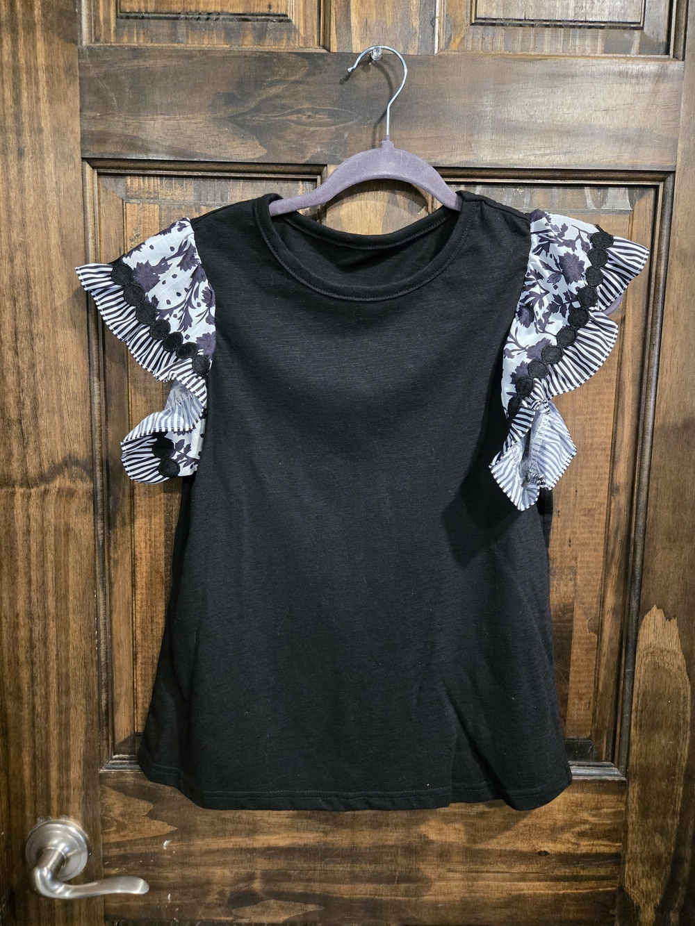 Black Ruffle Sleeve Women's Top with Patterned Accents NWOT
